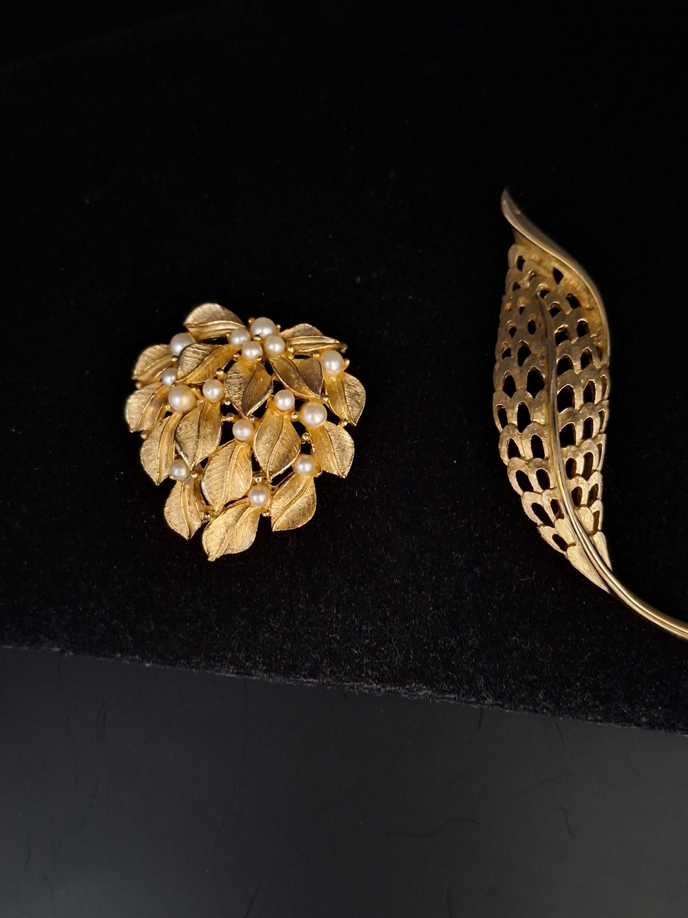 Gold Leaf Cluster Brooch with Faux Pearl Accents And MONET leaf Brooch